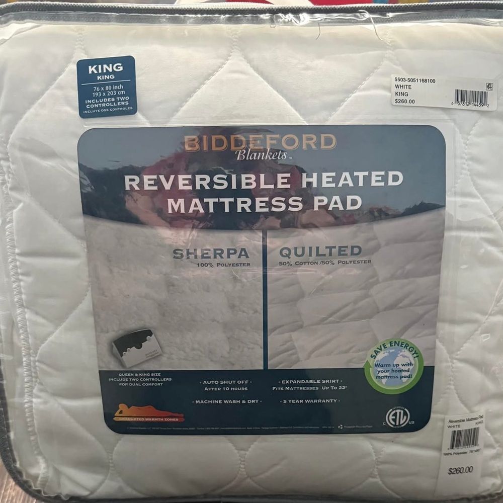 Biddeford Reversible Heated Mattress Pad - White